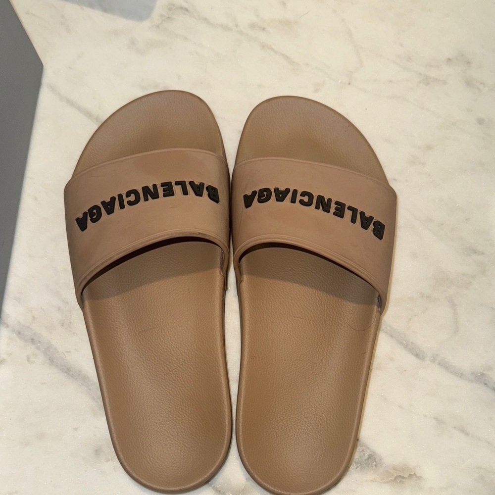 Balenciaga Pool Logo  Slide Sandals in Tan